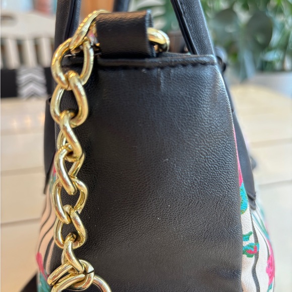 Luv Betsey Johnson Flower Satchel Crossbody Bag Black Striped 9x8x4/5 - Picture 9 of 16